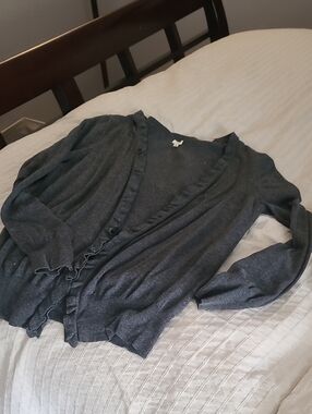 J. Crew Dark Gray Ruffle-Trim button up Cardigan